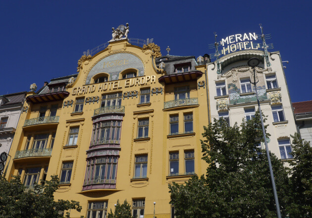 Façades Art Nouveau du Grand Hôtel Evropa et de l'Hôtel Meran